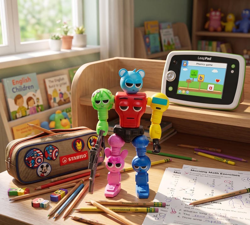 Op de afbeelding: Een kleurrijk robot speelgoed staat naast een LeapPad tablet met een fonetisch spel. Een etui met superheldenpatches en het woord "STABILO" is open, omringd door potloden en gummen. Boeken en schoolspullen liggen op een houten bureau.