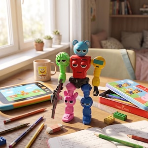 May include: A colorful robot toy with a red torso, blue head, and various other colored parts stands on a wooden table. A tablet, pencils, a mug with a cartoon character, and a pencil case are also on the table. The scene is brightly lit.
