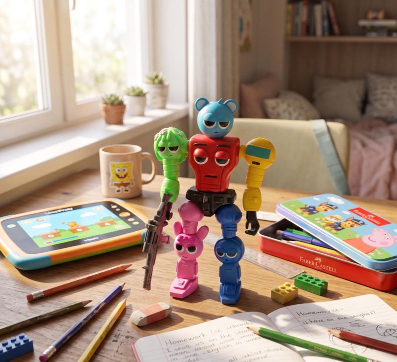 Op de afbeelding: Een kleurrijk robotspeelgoed met een rode romp, blauwe kop en diverse andere gekleurde onderdelen staat op een houten tafel. Een tablet, potloden, een mok met een stripfiguur en een etui staan ook op de tafel. De sc&egrave;ne is helder verlicht.