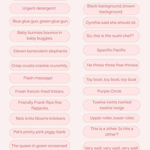 Puede incluir: Fondo rosa con las palabras "Tongue Twisters" en rojo. La imagen presenta una lista de trabalenguas en óvalos rosas claros, como "Aluminum, linoleum, aluminum, linoleum."