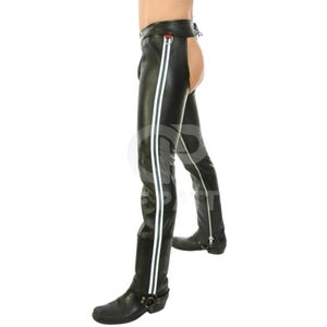 Men's Racing Stripe Leather Motorcycle Chaps | Custom Made-to-Measure Biker Gear