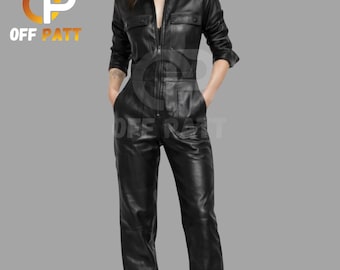 Handgemaakte uniseks leren jumpsuit, zwarte streetwear romperoverall, op maat gemaakt