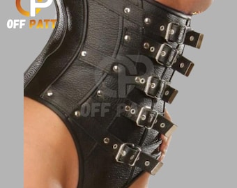 Corsetbody van echt leer: taillesneaker met stalen botten en gespen