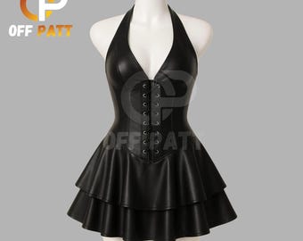 Zwart leren korset mini-jurk, staal uitgebeend custom fit, echte handgemaakte gothic-stijl