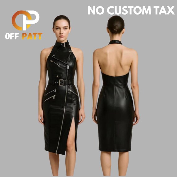black leather backless dress Zipper Slit Bodycon Biker Style Real Dress Custom Made snowflake print dress