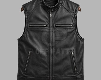 Echt leren motorvest heren | Zwart bikerclubvest met ritssluiting aan de voorkant | Echt leren gilet | Meerdere zakken | Op maat gemaakt