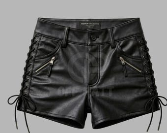 Leren short met veters aan de zijkanten | Zwarte short met hoge taille en ritszakken | Festival edgy hotpants | Op maat gemaakt