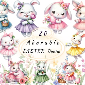 May include: A collection of 20 adorable Easter bunny illustrations. The bunnies are depicted in various poses, wearing dresses and holding Easter eggs, flowers, and baskets. The color palette includes pastels like pink, purple, and yellow, with floral accents.