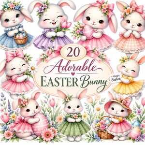 May include: A collection of 20 illustrations featuring white bunnies in colourful dresses, some holding Easter eggs, flowers, or baskets, surrounding a central oval sign with the text 20 Adorable EASTER BUNNY and a small Happy Easter sign.