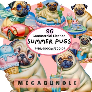 Pacote de Clipart de Pug de Verão com 96 PNGs, Cachorro Fofo, Férias na Praia, Filhote Kawaii, Imagens de Verão em Boia de Piscina, Design para Sublimação