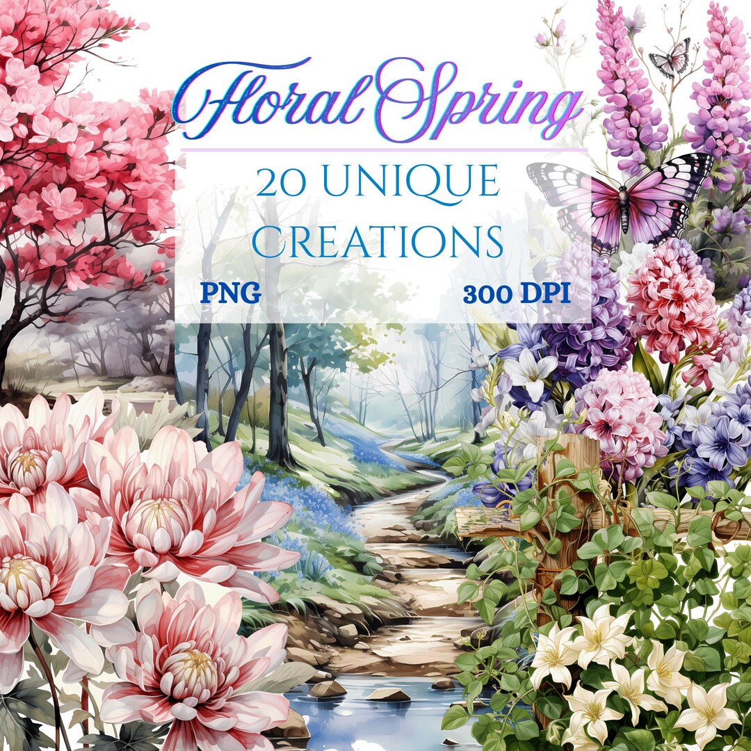 Floral Spring Clipart Bundle, Watercolor Flowers & Landscapes ...