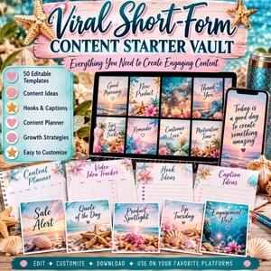 May include: A digital content starter vault featuring a laptop screen displaying eight beach-themed social media templates. The set includes a content planner, video idea tracker, hook ideas, and caption ideas, all decorated with starfish, seashells, and sunset imagery.