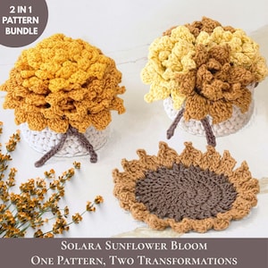 Könnte beinhalten: Gehäkelte Sonnenblumenblüten in Gelb, Braun und Weiß. Das Bild zeigt zwei Sonnenblumenarrangements in weißen Körben und einen Sonnenblumenuntersetzer. Der Text lautet "2 in 1 Pattern Bundle" und "Solara Sunflower Bloom, One Pattern, Two Transformations."