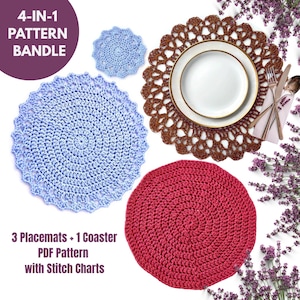 May include: Four crocheted items are displayed: three placemats and a coaster. The placemats are in blue and red, and the coaster is blue. A brown crocheted placemat is shown with a white plate and gold rim. The image includes text: "4-IN-1 PATTERN BANDLE" and "3 Placemats + 1 Coaster PDF Pattern with Stitch Charts."