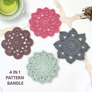 Zestaw wzorów szydełkowych na podstawki w kształcie kwiatów 4 w 1 – zestaw 4 sztuk „Herbata w ogrodzie” – plik PDF do pobrania w wersji cyfrowej z samouczkiem fotograficznym i schematem ściegu