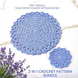 May include: A light blue crochet coaster and placemat set. The placemat is round with a scalloped edge, and the coaster is a smaller version of the same design. The text "PDF Pattern: Cozy Cotton Coaster & Placemat Set" and "2 IN 1 CROCHET PATTERN BUNDLE" are visible.