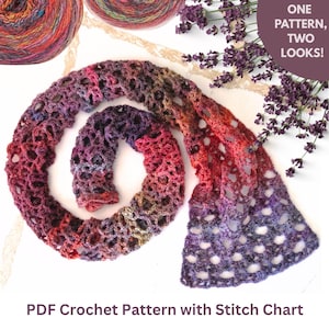 May include: A crocheted scarf in shades of red, purple, and orange, with an openwork design. The scarf is displayed in a spiral shape, with two balls of yarn in the background. Text reads: "ONE PATTERN, TWO LOOKS!" and "PDF Crochet Pattern with Stitch Chart."