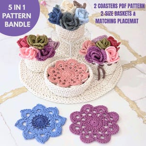 Padrão de crochê 5 em 1 para porta-copos em formato de vaso de flores: de dália a buquê de rosas, de clematite a suculenta e jogo americano combinando (PDF) - Presente para o Dia das Mães