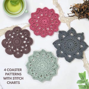 4-i-1 Blomunderlägg Virkmönster Paket – Tea in the Garden Set med 4 – PDF Digital Nedladdning med Fotohandledning och Stygndiagram