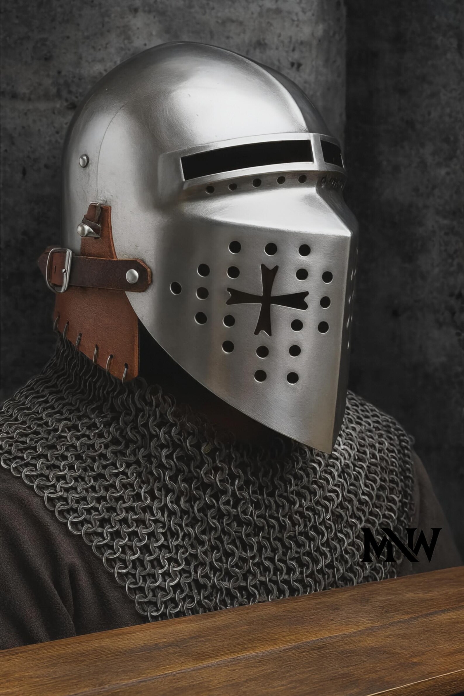Medieval Great Helm With Chainmail Aventail | Knight Crusader Helmet ...