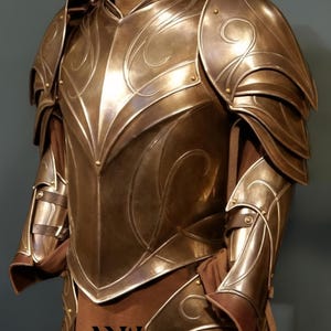 May include: A detailed bronze-colored breastplate and arm armor set. The armor features intricate engraved designs and is displayed on a mannequin. The text "MW" is visible on the lower portion of the armor.