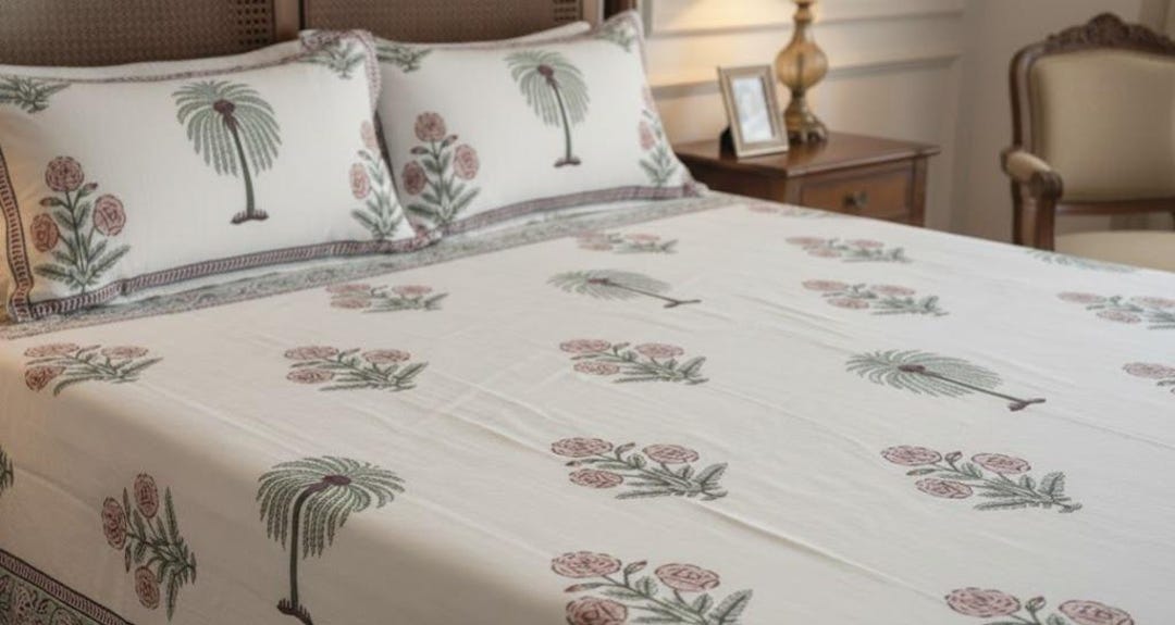 Hand Block Print Cotton Bed Sheet With Pillow Covers | Floral Bedding ...
