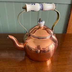 Vintage Portuguese Copper Teakettle with Porcelain Handle and Knob