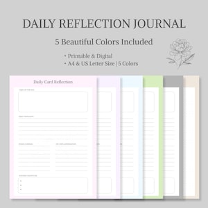 以下が含まれることがあります： 「DAILY REFLECTION JOURNAL」と「5 Beautiful Colors Included」のテキストが入ったデイリーリフレクションジャーナル。A4とUSレターサイズで、印刷可能でデジタルです。ジャーナルのページは、さまざまなパステルカラーです。