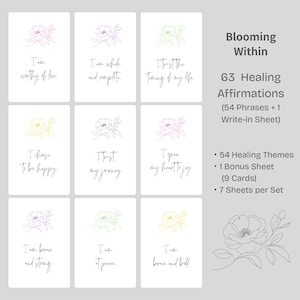 May include: A set of 63 healing affirmation cards with floral illustrations. Each card features a different affirmation in a minimalist design. The cards are white with pastel-colored floral line art and text. The set includes 54 phrases, a bonus sheet, and a write-in sheet.