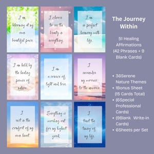 May include: A set of affirmation cards titled "The Journey Within." Each card features a different affirmation on a colorful background. The set includes 51 cards with serene nature themes and blank cards for writing.