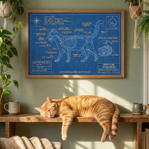 Cat Anatomy Blueprint Poster | Funny Vet Tech Gift, Biology Science Decor, Engineering Cat Lover Art, Feline Schematic, Novelty Blue Print