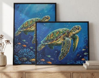 Sea Turtle Framed Canvas Wall Art | Large Coastal Ocean Painting, Biophilic Decor, Marine Biology Gift, Underwater Honu Print, Bathroom Art
