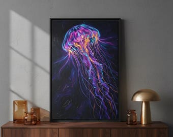 The Jellyfish Canvas Wall Art | Large Modern Ocean Painting, Moody Dark Decor, Luxurious Marine Biology Gift, Bioluminescent Deep Sea Piece