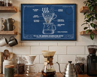 Coffee Chemex Blueprint Poster | Pour Over Brewing Schematic Art For Coffee Lovers, Funny Barista Gift, Cafe Decor, Coffee Shop Wall Art