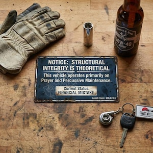 Puede incluir: Naturaleza muerta con una botella de cerveza, un letrero metálico, guantes de trabajo, un enchufe y un llavero. El letrero dice: "AVISO: LA INTEGRIDAD ESTRUCTURAL ES TEÓRICA" y "ERROR FINANCIERO".