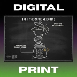 May include: A digital print featuring a diagram of a coffee maker, labeled "FIG 1: THE CAFFEINE ENGINE." The diagram shows the components of the coffee maker, including the steam pressure chamber and liquid gold extraction point. The words "DIGITAL" and "PRINT" are at the top and bottom.