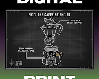Caffeine Engine Moka Pot Digital Poster | Chalkboard Coffee Blueprint, Espresso Art, Cafe Patent Print, Barista Gift, Coffee Shop Decor