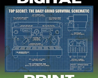 Coffee Espresso Machine Blueprint Digital Poster | Wall Art For Coffee Shop Lovers, Funny Barista Gift, Cafe Decor