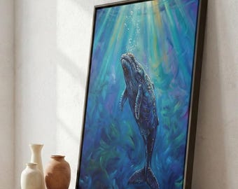 The Whale Canvas Wall Art | Large Coastal Ocean Painting, Zen Decor, Marine Biology Gift, Serene & Spiritual Deep Blue Underwater Print