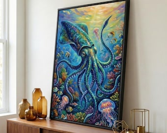 The Squid Canvas Wall Art | Maximalist Ocean Painting, Teal and Gold Sea Decor, Marine Biology Gift, Eclectic Bathroom Print, Kraken Art
