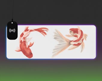 Koi Fish RGB Gaming Mousepad with Wireless Charger | Japanese Aesthetic Desk Mat, Zen Office Decor & Cozy Gamer Gift, Large Charging Pad