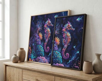 The Bioluminescent Seahorse Canvas Wall Art | Neon Dark Ocean Painting, Moody Maximalist Marine Decor, Gaming Office Room Print, Scuba Gift