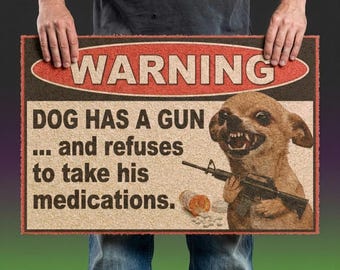 Funny Chihuahua Doormat | Armed Dog Warning, Rude Welcome Mat, Cursed Meme Decor, Unhinged Housewarming Gift, Chaotic Angry Small Dog