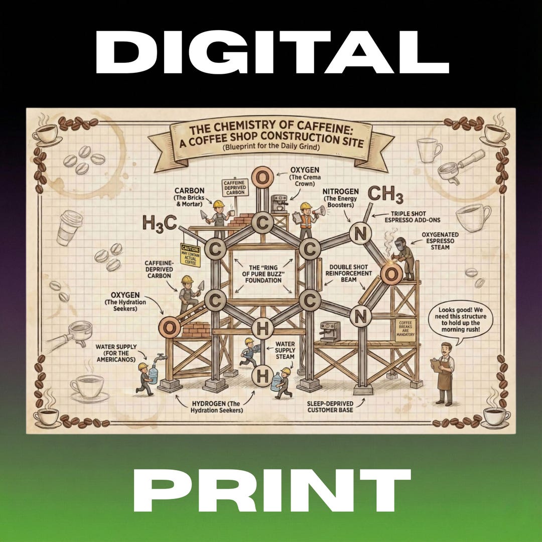 Caffeine Molecule Blueprint Digital Poster | Coffee Chemistry Art ...