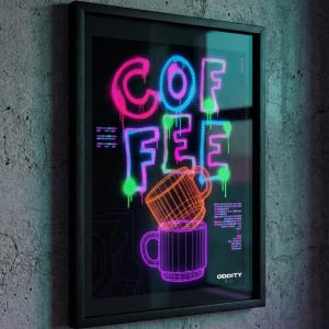 Poster del terminale del caffè al neon / Decorazione per la stanza dei giocatori cyberpunk, Arte murale per bar estetica Vaporwave, Configurazione dello streamer RGB, Regalo per programmatori di codifica