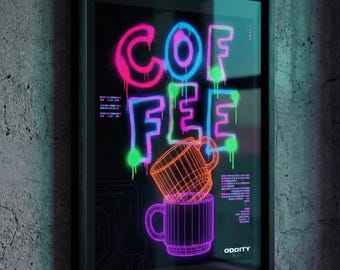 Neon Coffee Terminal Poster | Cyberpunk Gamer Room Decor, Vaporwave Aesthetic Cafe Wall Art, RGB Streamer Setup, Coding Programmer Gift