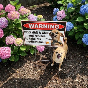 May include: A humorous sign with the text "WARNING DOG HAS A GUN ... and refuses to take his medications." The sign features an illustration of a dog holding a gun. A small dog stands in front of the sign, with pink and blue flowers in the background.
