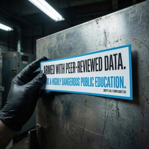 Op de afbeelding: Een witte en blauwe rechthoekige sticker met de tekst "ARMED WITH PEER-REVIEWED DATA. AND A HIGHLY DANGEROUS PUBLIC EDUCATION." wordt vastgehouden door een gehandschoende hand. De sticker bevat ook "ODDITY LAB // COMPLIANCE DIV."