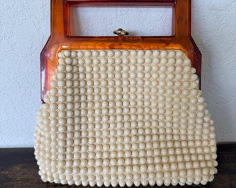 Vintage La Regale Amber Beaded Handbag Lucite Resin Purse Retro 50s 60s Ringlock