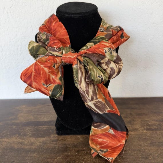 Scarf Vintage Signed Honey 100% Silk Orange Floral Print 80's